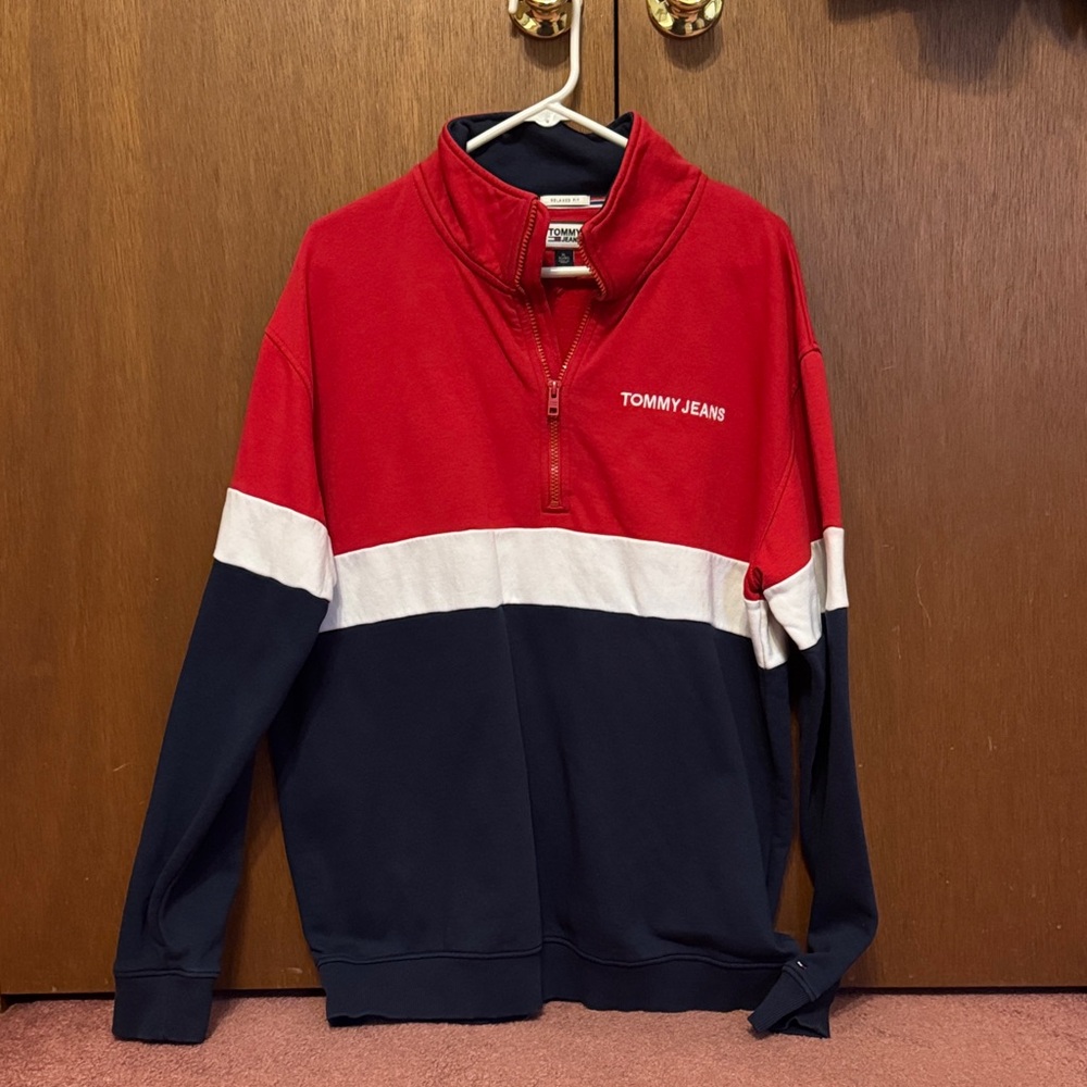 Tommy Hilfiger Men's Red, White, and Blue Zip-Up Sweater